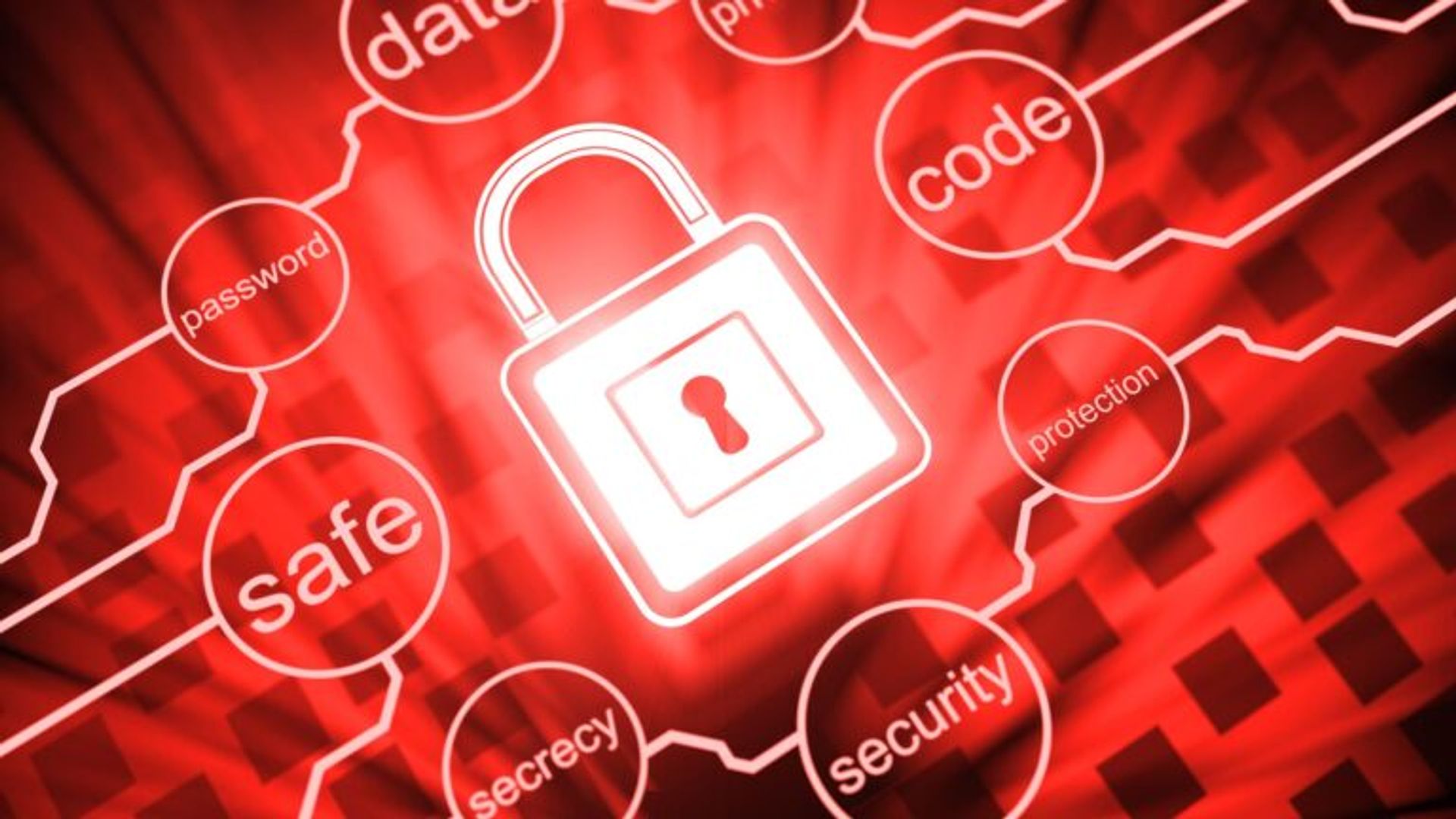 A red graphic with a glowing white padlock surrounded by interconnected circles containing words like 'data', 'password', and 'security'.
