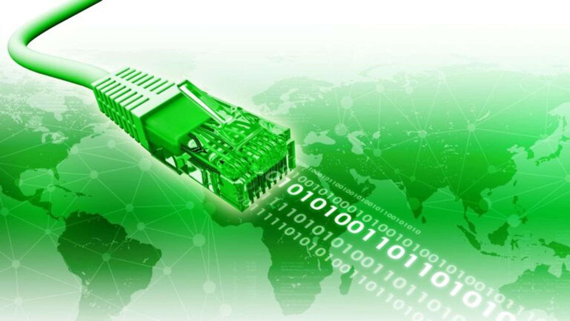 Green Ethernet cable connector with binary data flowing over a world map.