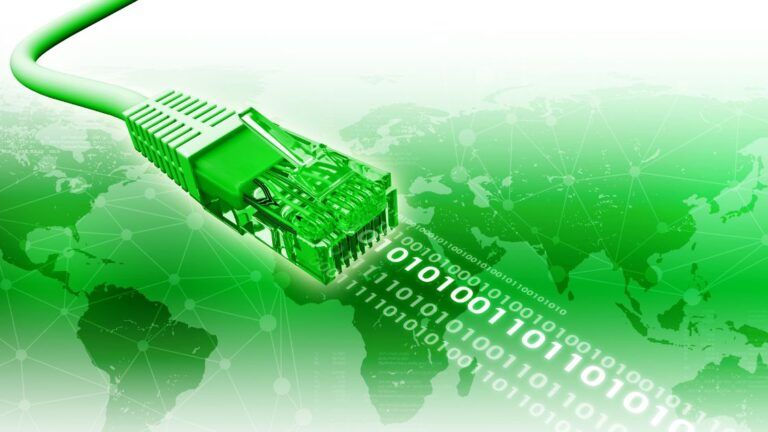 Green Ethernet cable connector with binary data flowing over a world map.
