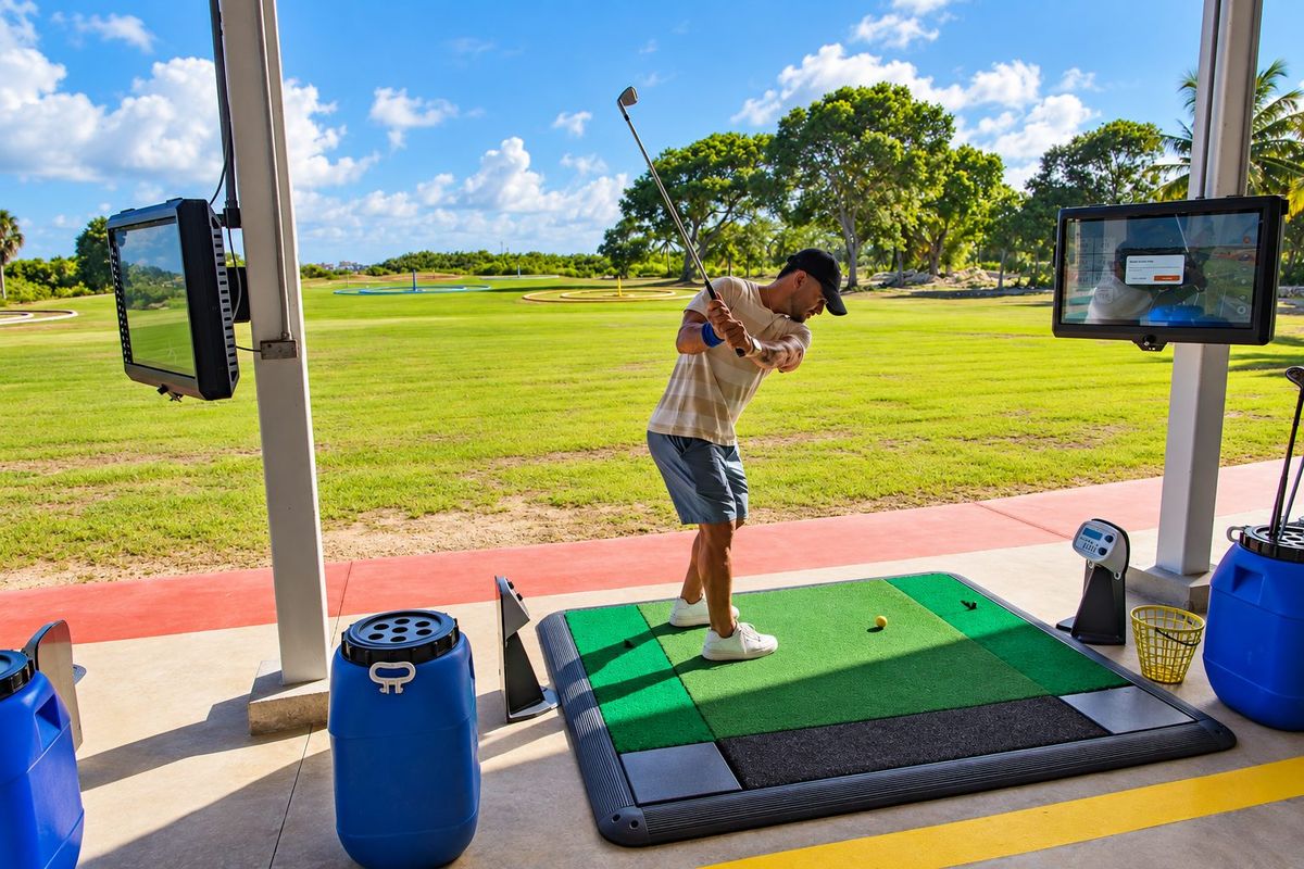 Jugador golpeando una bola en el campo de prácticas de GolfnShots en Punta Cana
