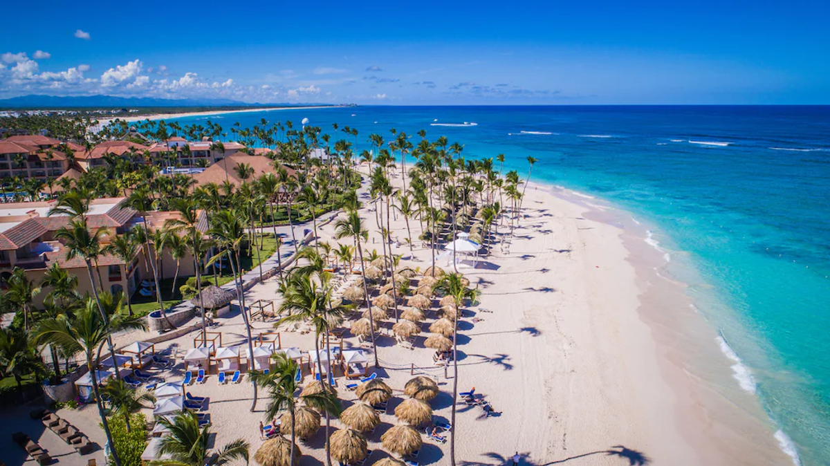 Aerial view of the white-sand beach, turquoise ocean, and palm trees at the Majestic Colonial Punta Cana, with resort buildings and sun loungers along the coast[cite: 7].