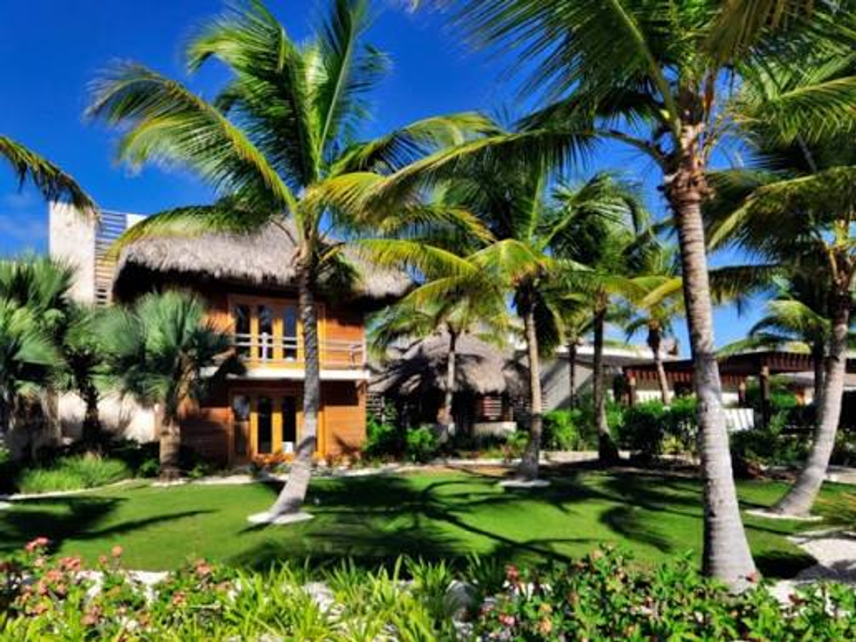 Exterior view of a luxury villa at Villas Caleton 51, featuring tropical gardens, tall palm trees, and traditional architecture with a thatched roof under a bright blue sky.