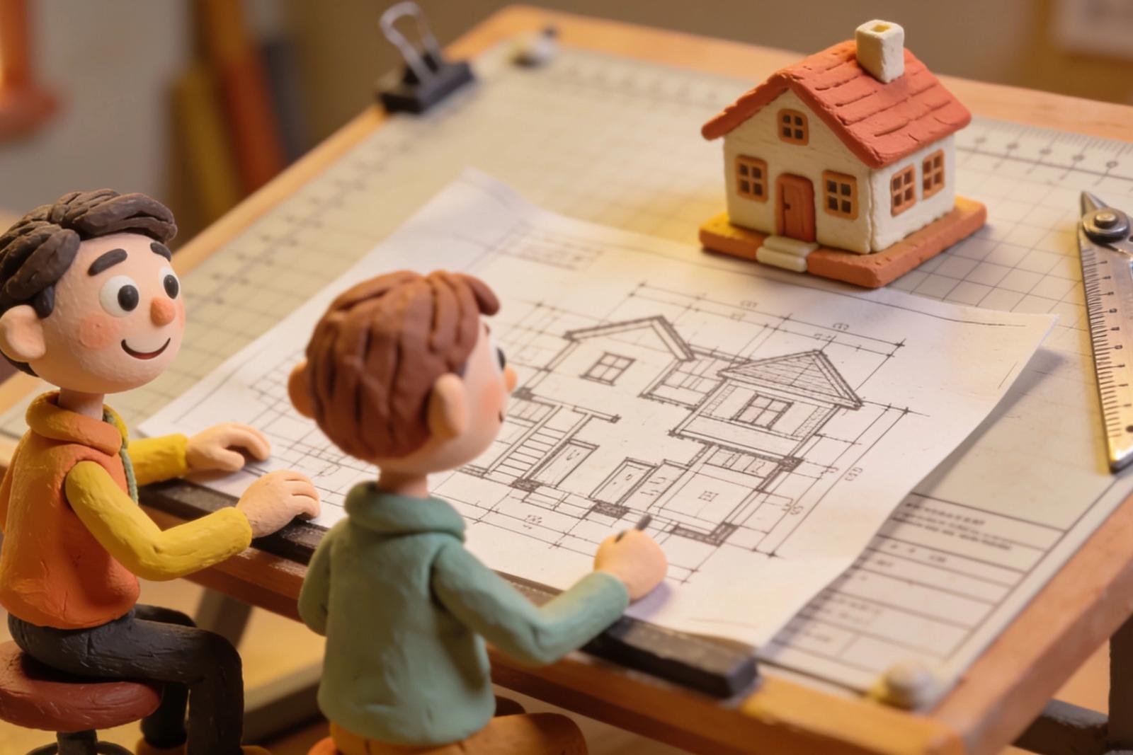 Claymation illustratie van een kleifiguur aan een tekentafel met een bouwtekening en een kleimodel huisje