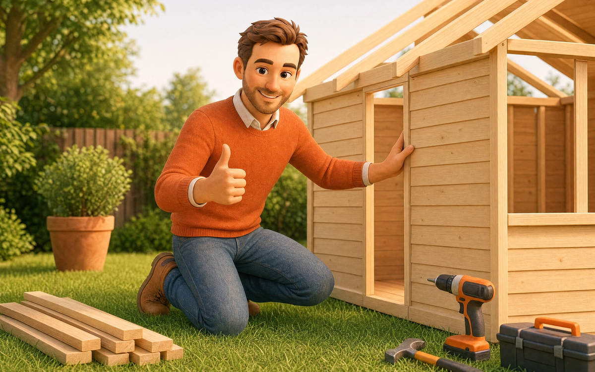3D-illustratie van vergunningvrij bouwen: een man bouwt vrolijk een houten tuinhuis in de achtertuin.