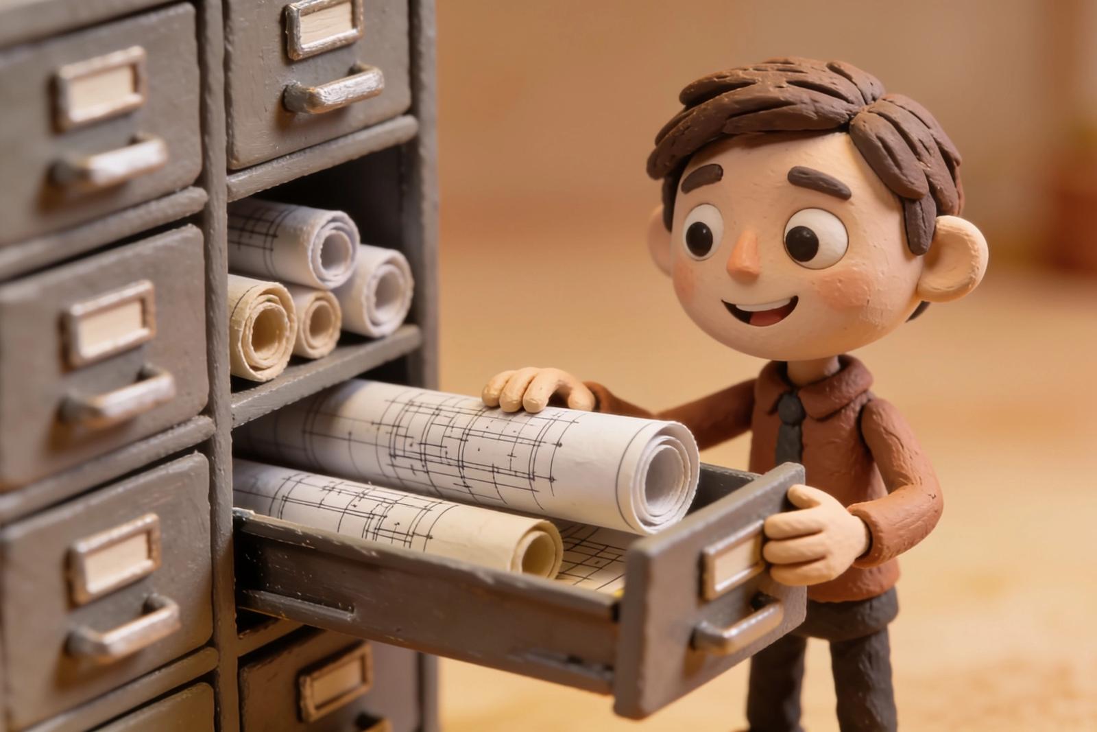 Claymation illustratie van een kleifiguur die een opgerolde bouwtekening uit een archiefkast trekt