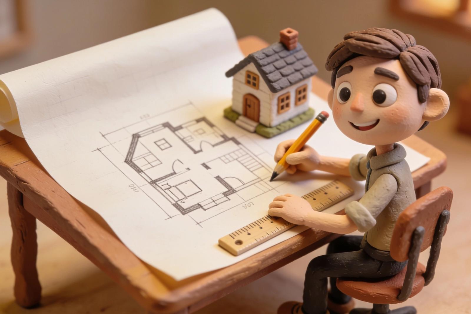Claymation illustratie van een kleifiguur die een plattegrond van een huis tekent