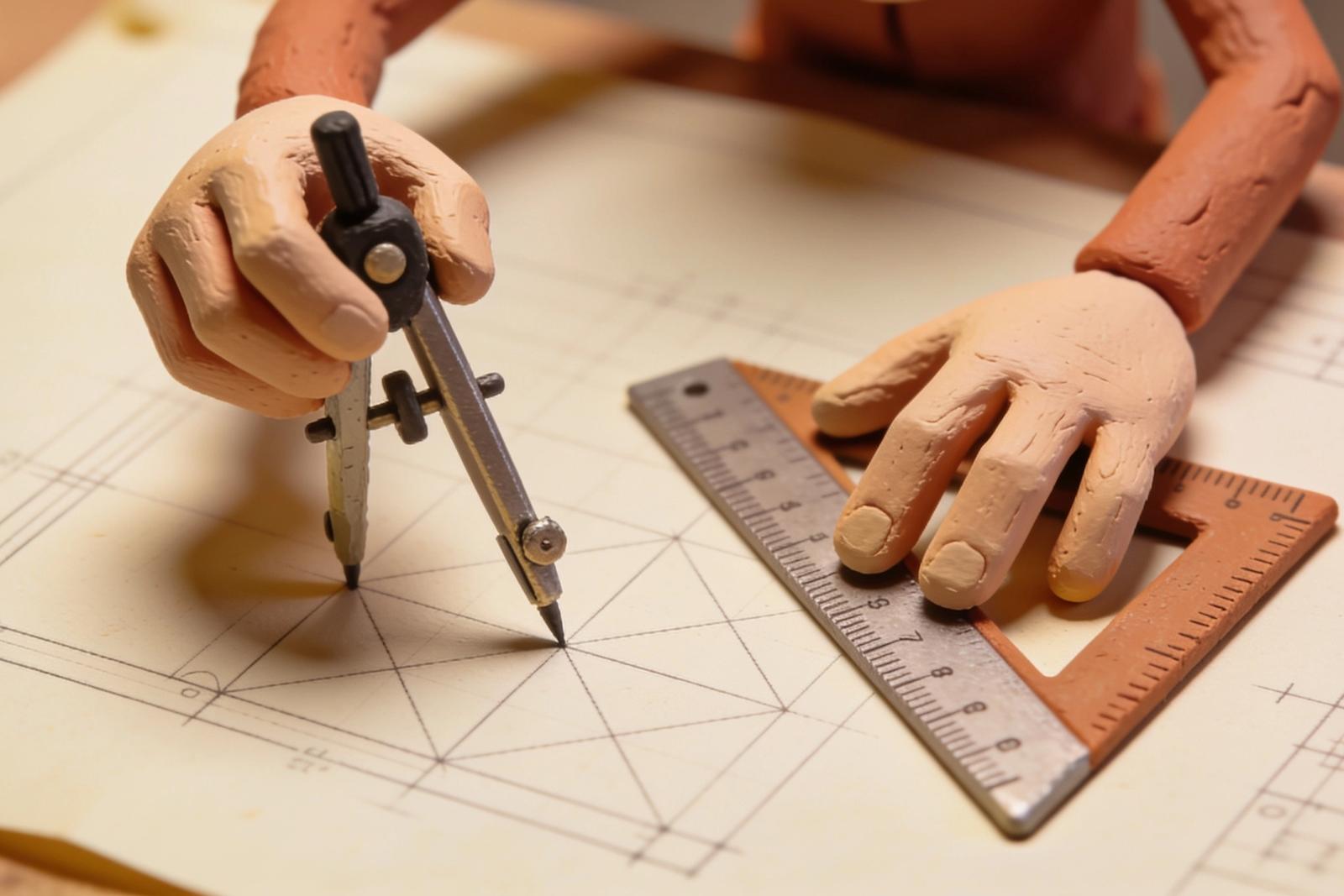 Claymation illustratie van klei handen met tekengereedschap: liniaal, winkelhaak en passer op een tekening