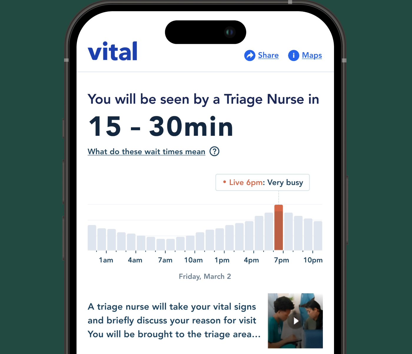 Example screenshot of the ERAdvisor mobile application notifying a patient that their wait time to see a Triage Nurse is 15 to 30 minutes.