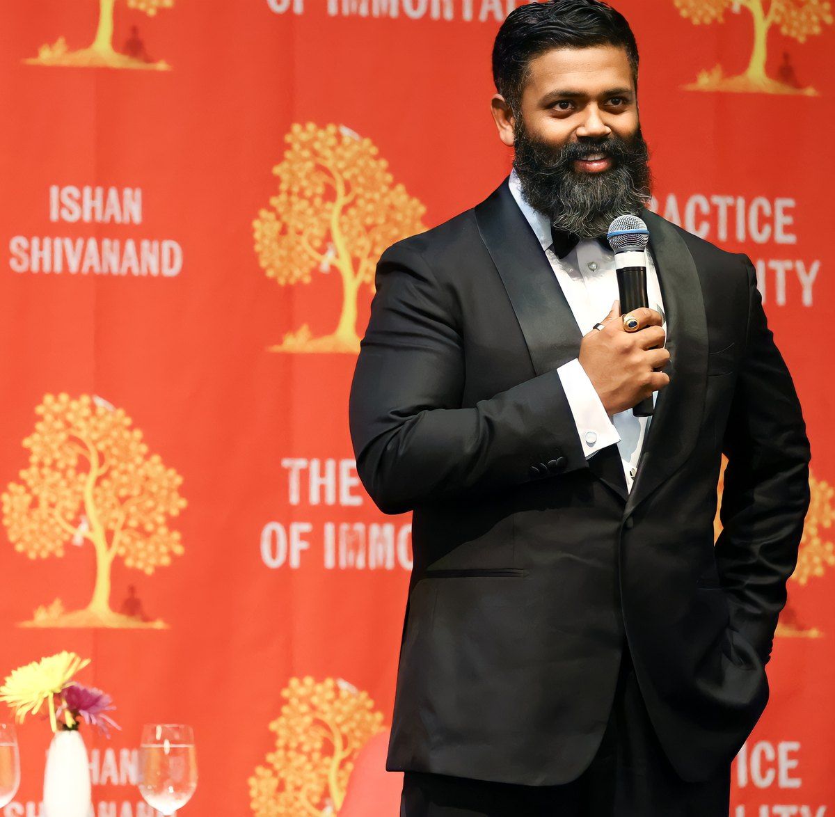 Ishan Shivanand speaking at the launch of The Practice of Immortality