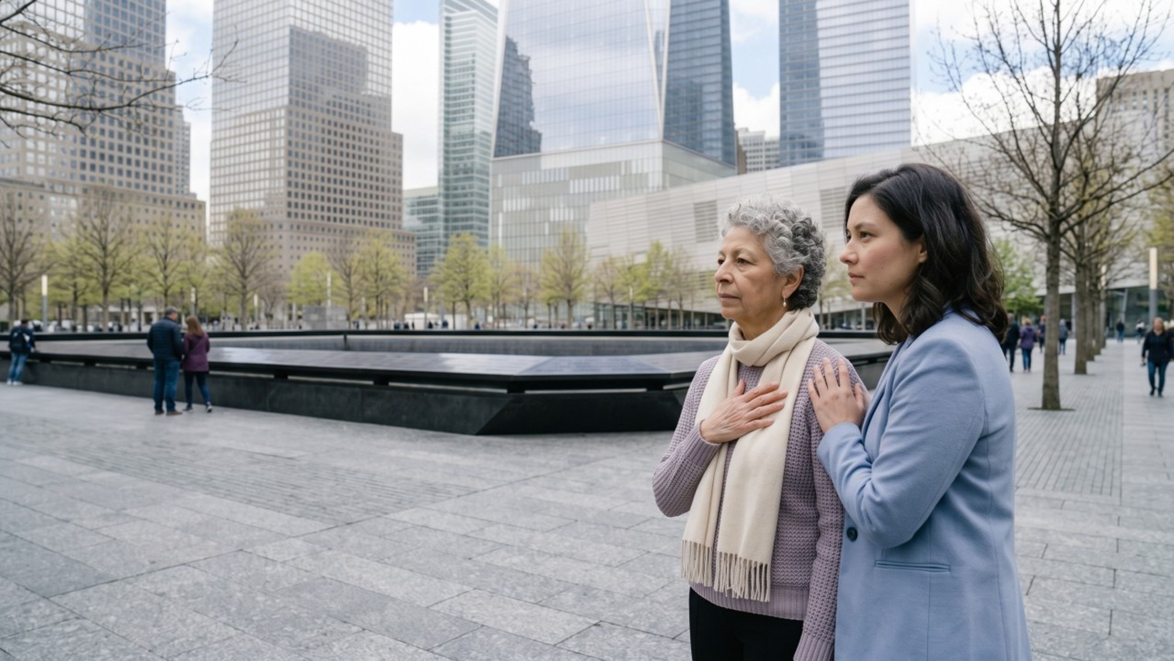 Two people standing beside a memorial pool at the World Trade Center site.