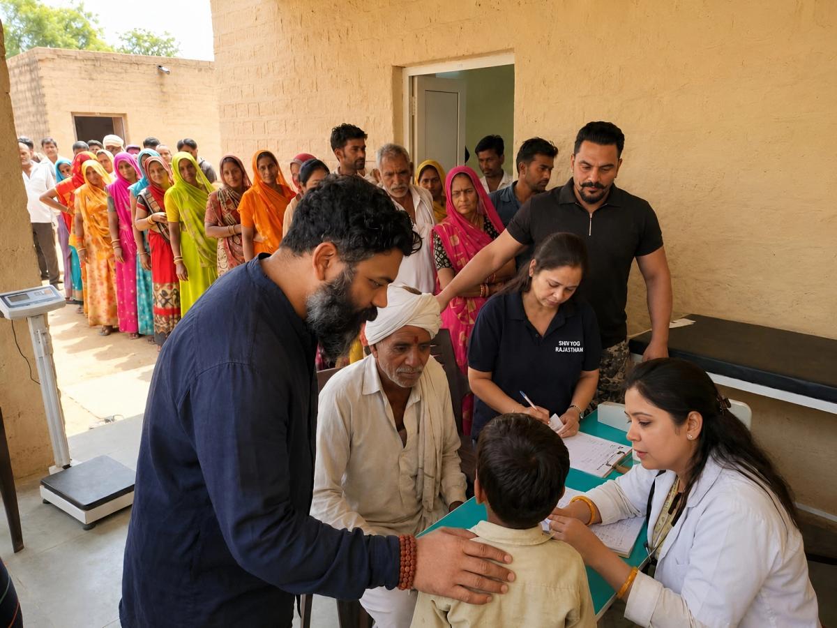 Ishan Shivanand distributing supplies during a rural community outreach program