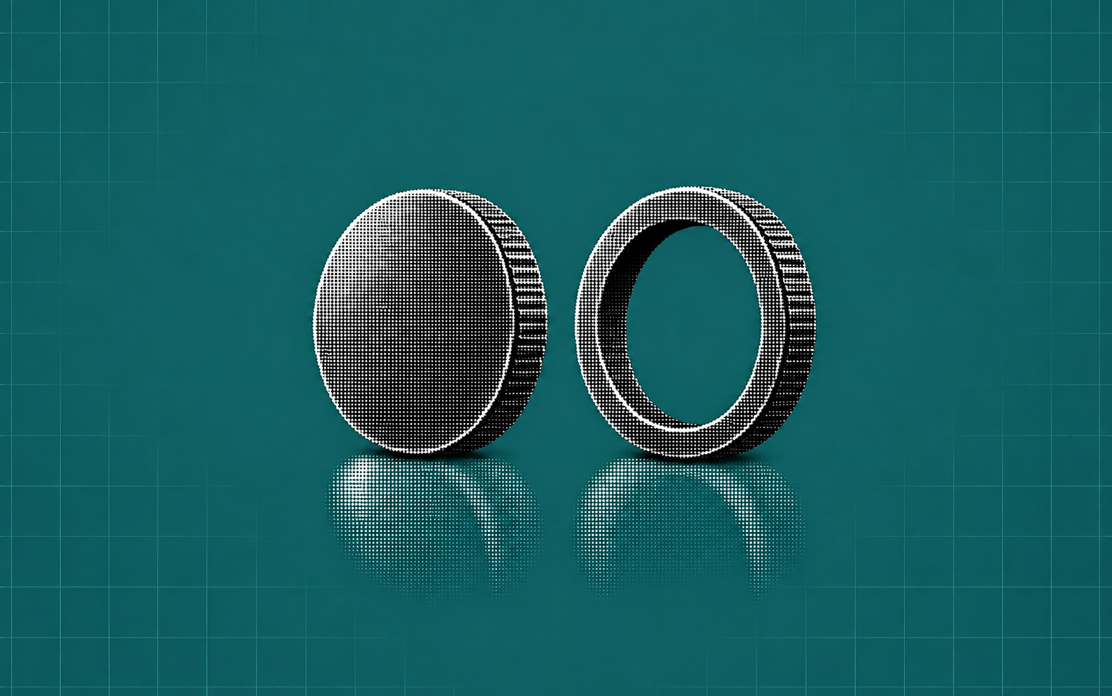 A solid metal coin beside an open metal ring, representing spot ownership and perpetual price exposure.