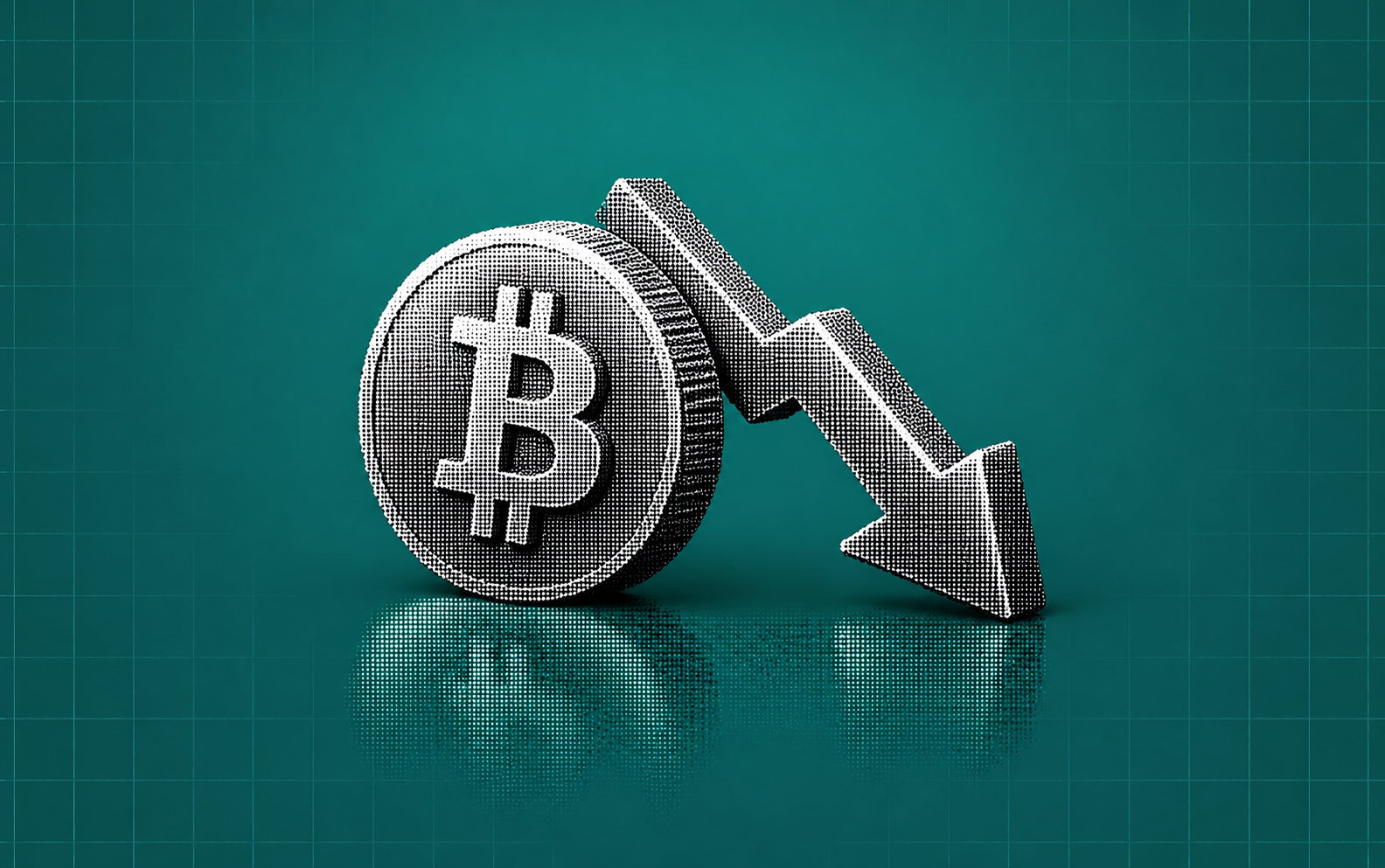 A silver Bitcoin coin beside a descending arrow on a teal grid background.