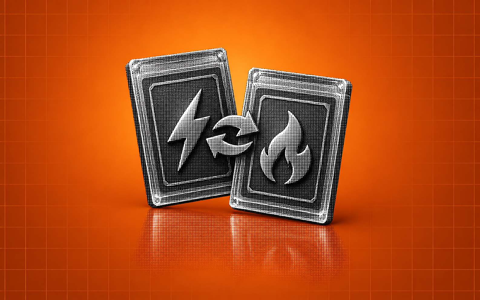 Two halftone card slabs with lightning and flame symbols and an exchange arrow on an orange grid background.
