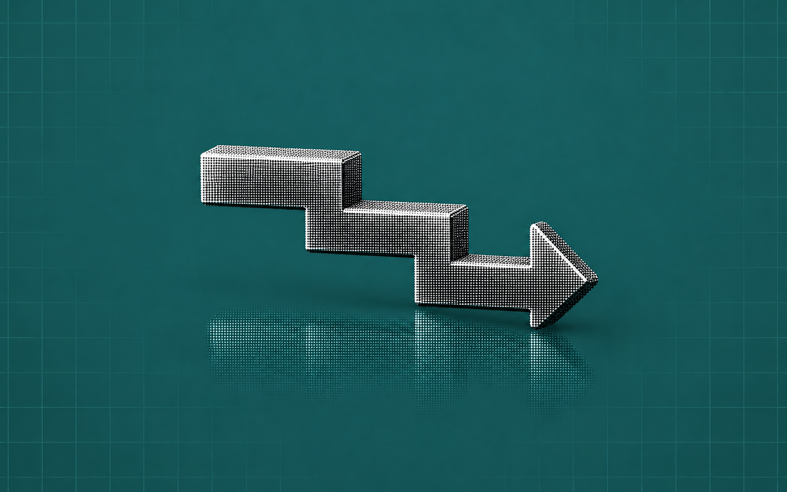 Silver halftone arrow displaced sideways as it descends three steps on a muted teal background.