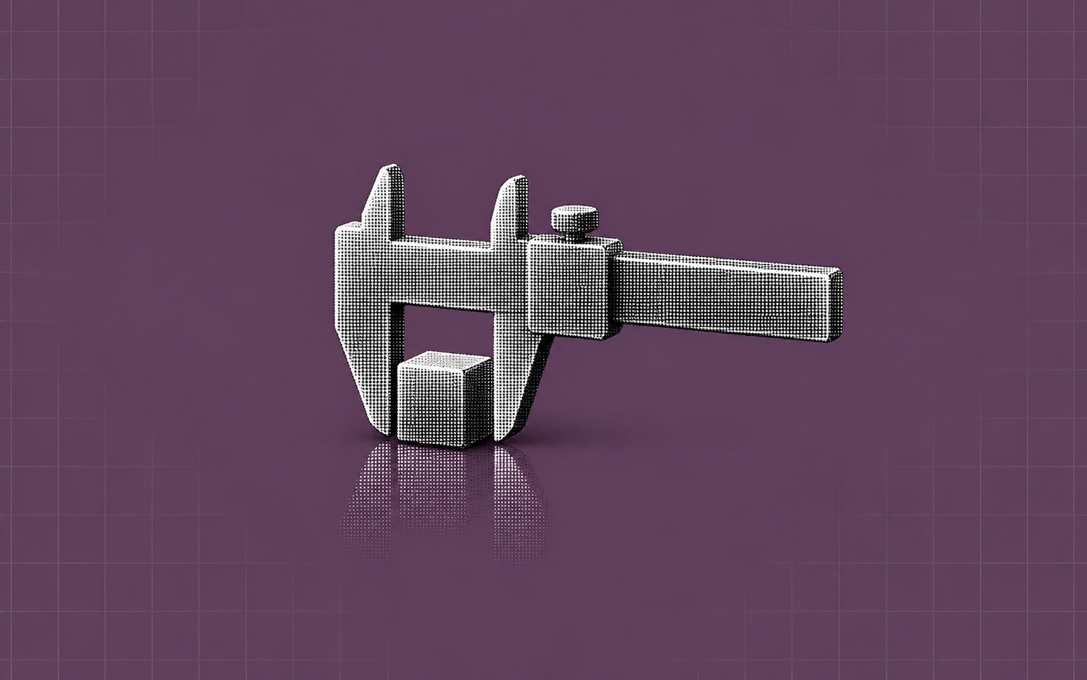 Silver halftone caliper measuring a metal cube on a muted plum background.
