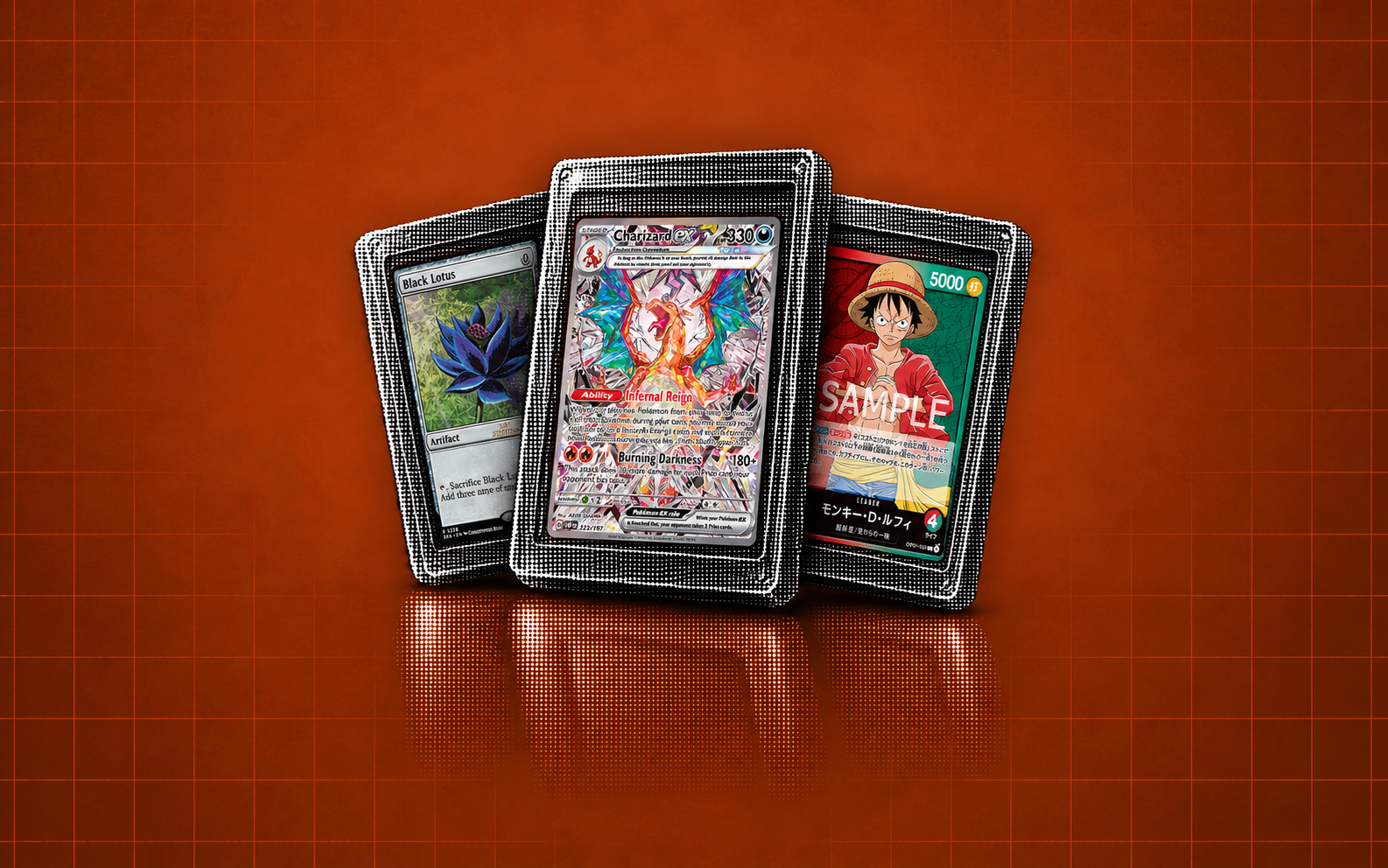Illustrative Charizard ex, Black Lotus, and Monkey.D.Luffy card previews in halftone slabs on an orange background.
