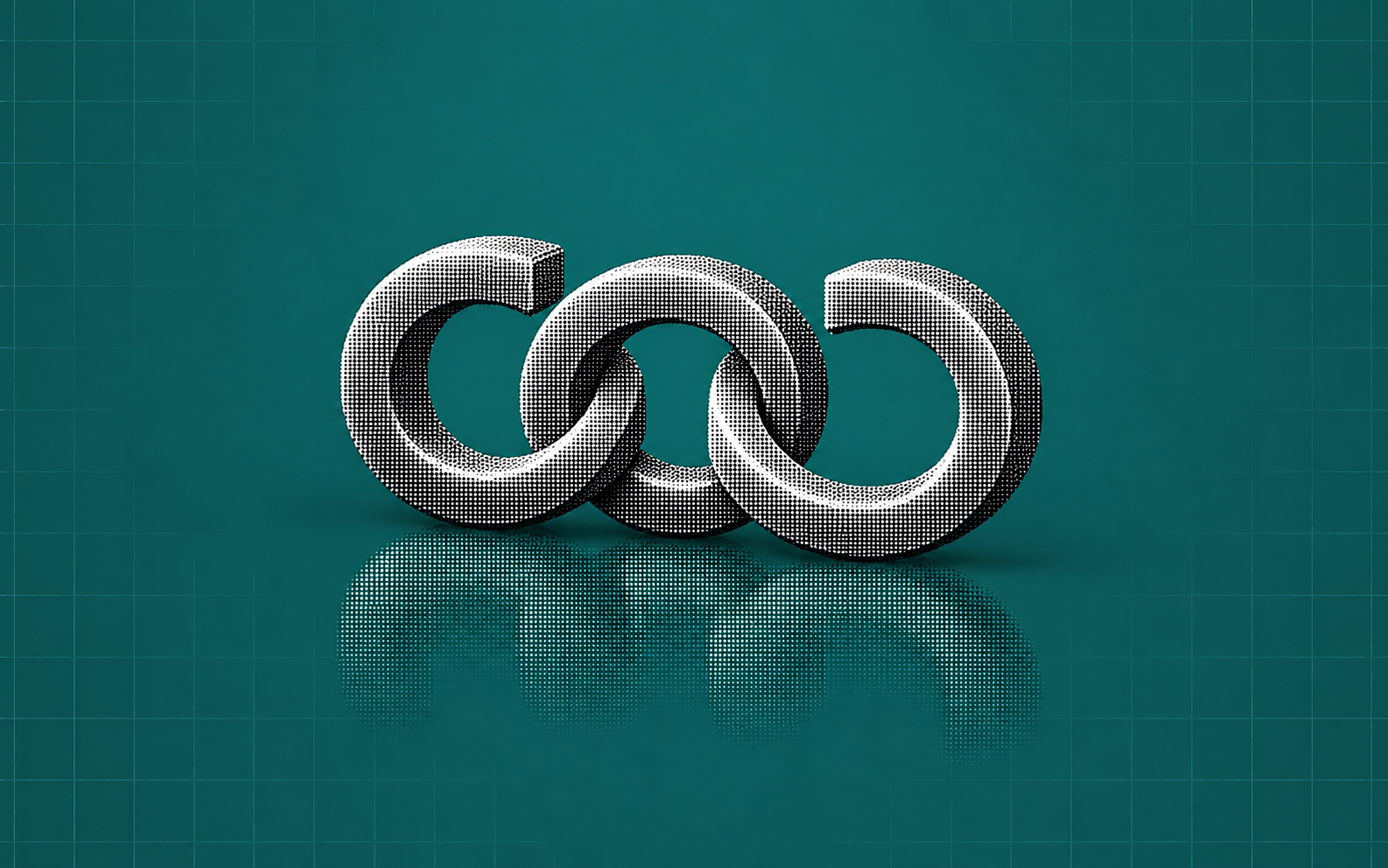 Three interlocking silver halftone rings on a teal grid background.