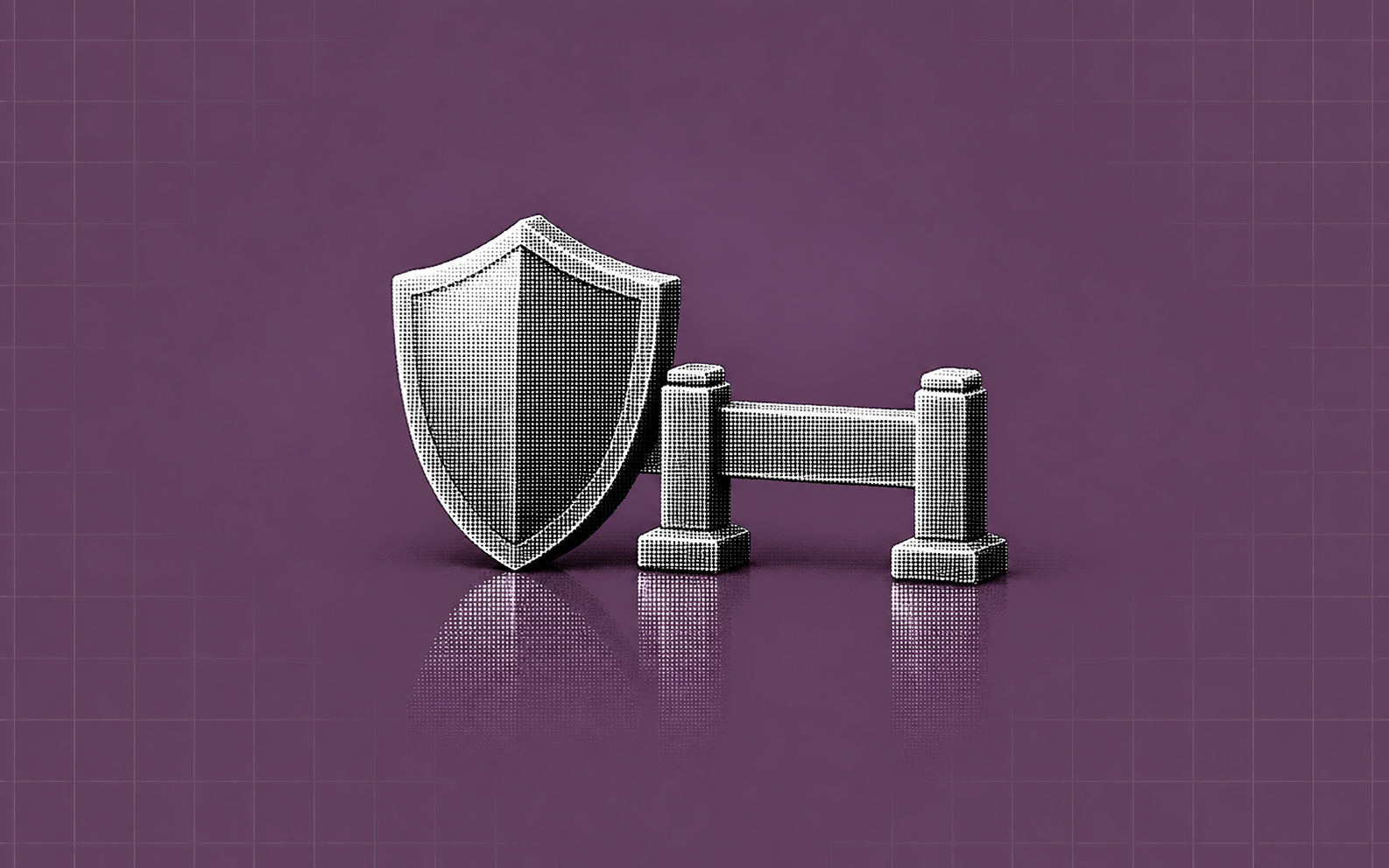 A silver shield and price barrier on a plum grid background.