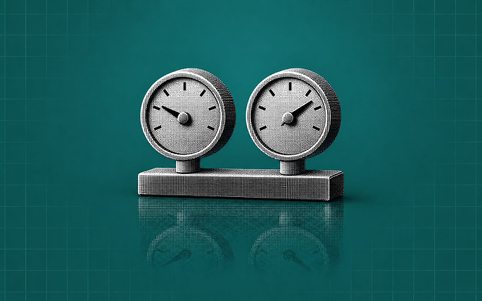 Two silver halftone gauges with different readings on a teal grid background.