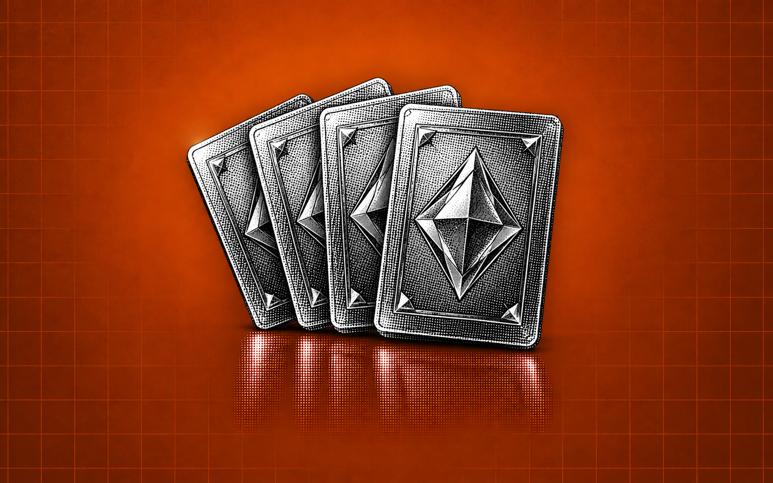 A fan of repeated halftone trading cards on an orange grid background.