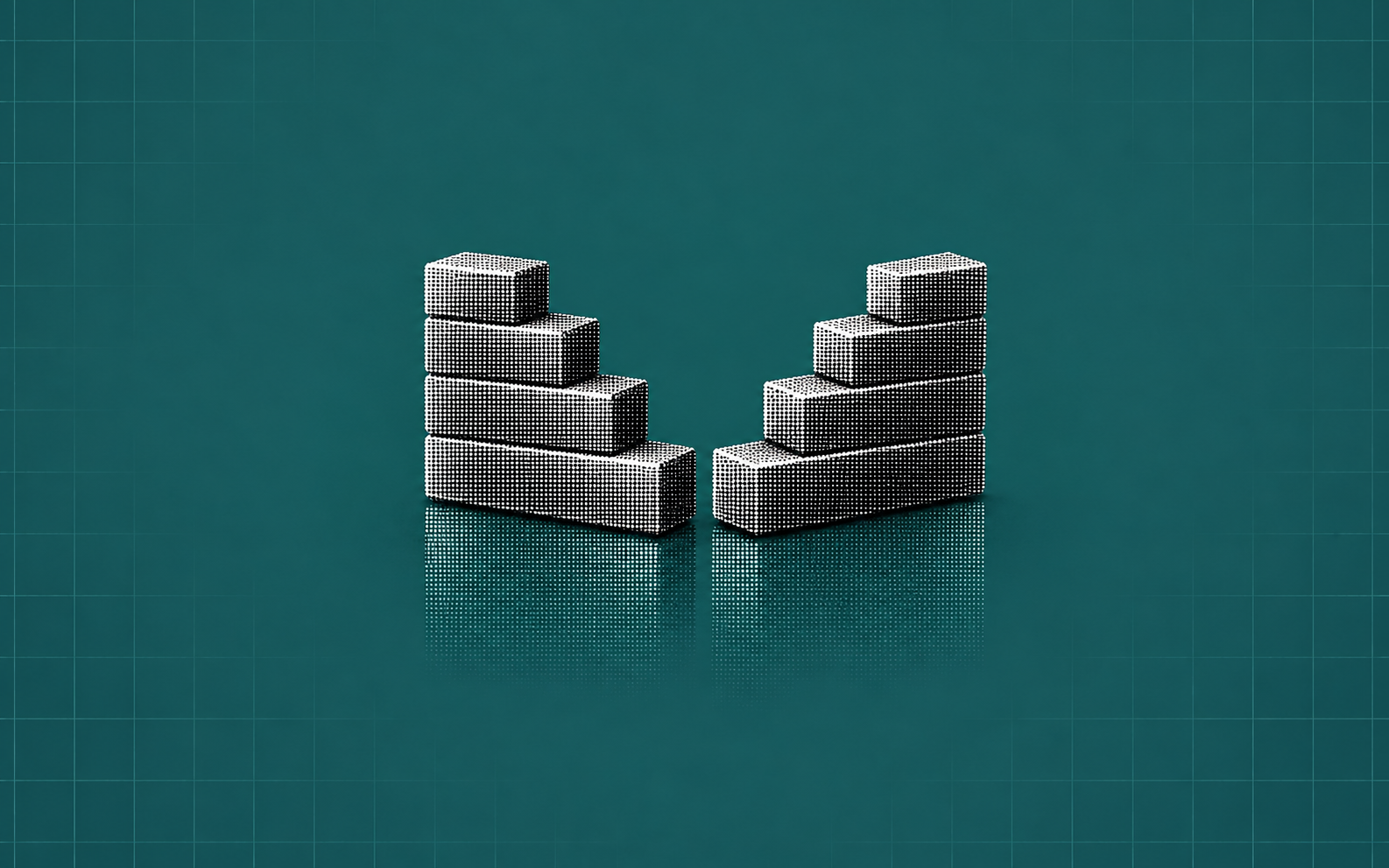 Silver halftone bid and ask steps facing across a narrow gap on a muted teal background.