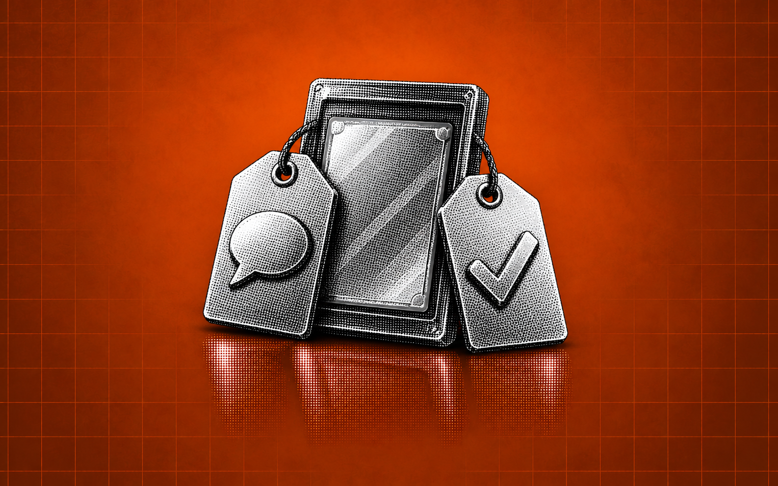 A card slab with offer and completed-sale tags on an orange grid background.