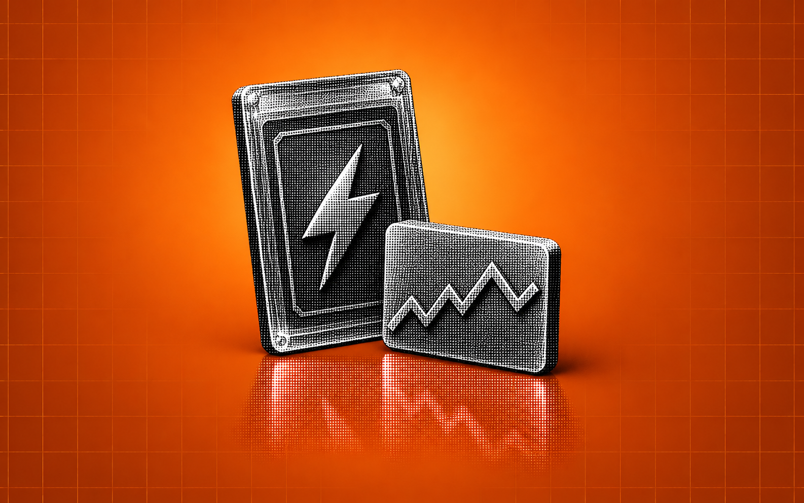 A halftone collectible-card slab with a lightning symbol beside a market-price chart on an orange grid background.