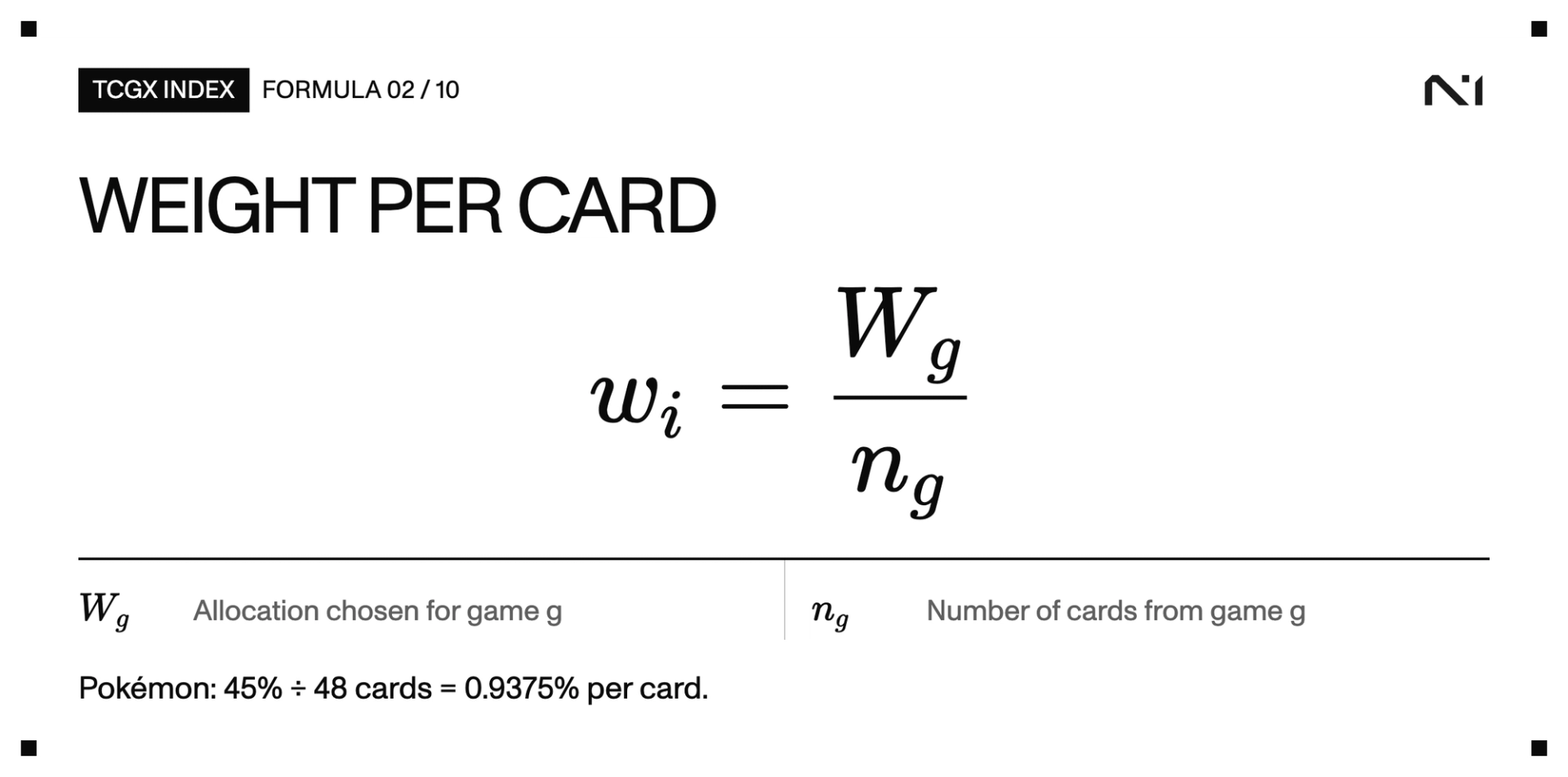 The weight of card i equals its game allocation W sub g divided by the number of cards n sub g in that game. Example: 45 percent divided by 48 Pokémon cards is 0.9375 percent per card.
