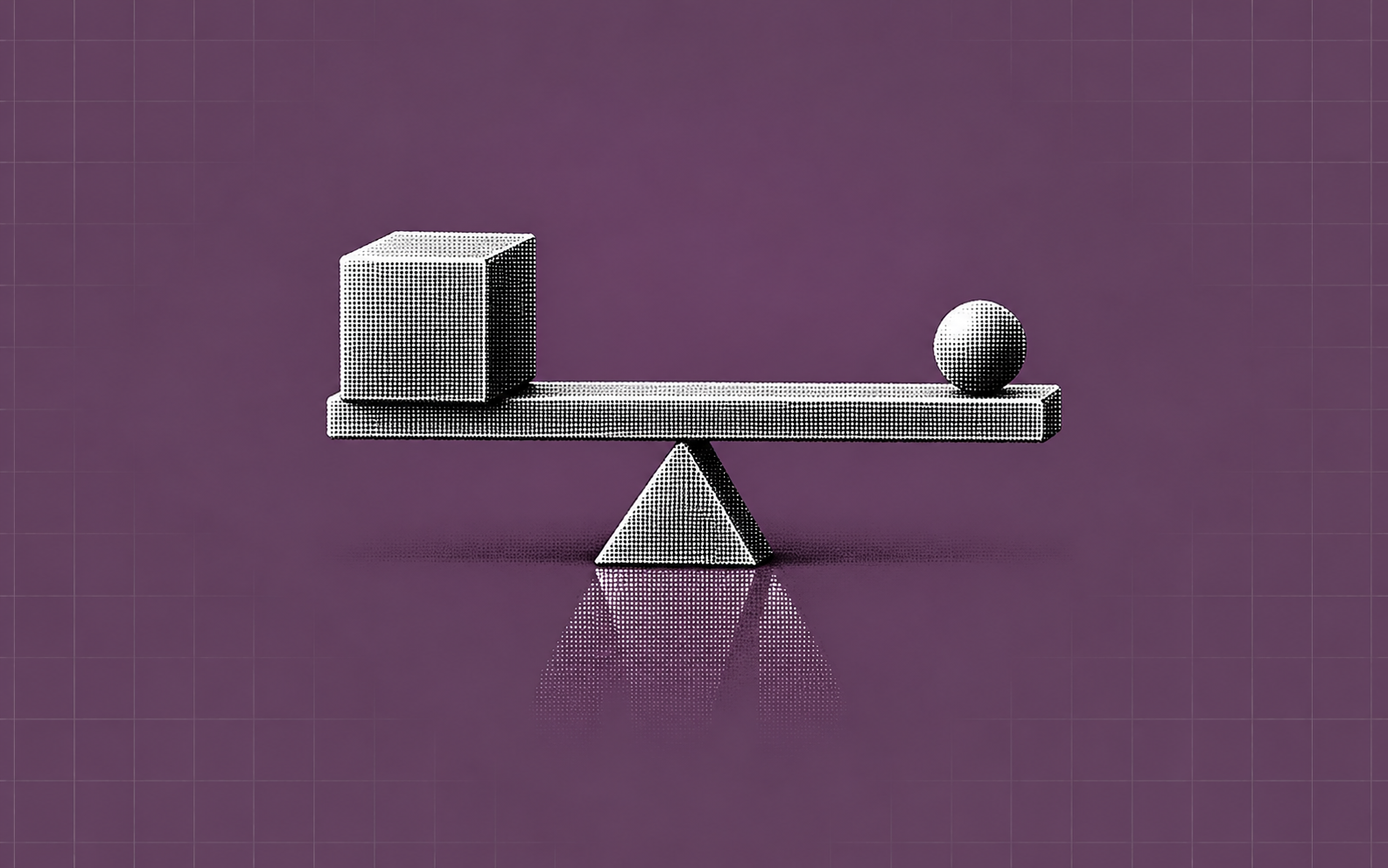 A silver lever balancing a small sphere and larger cube on a plum grid background.