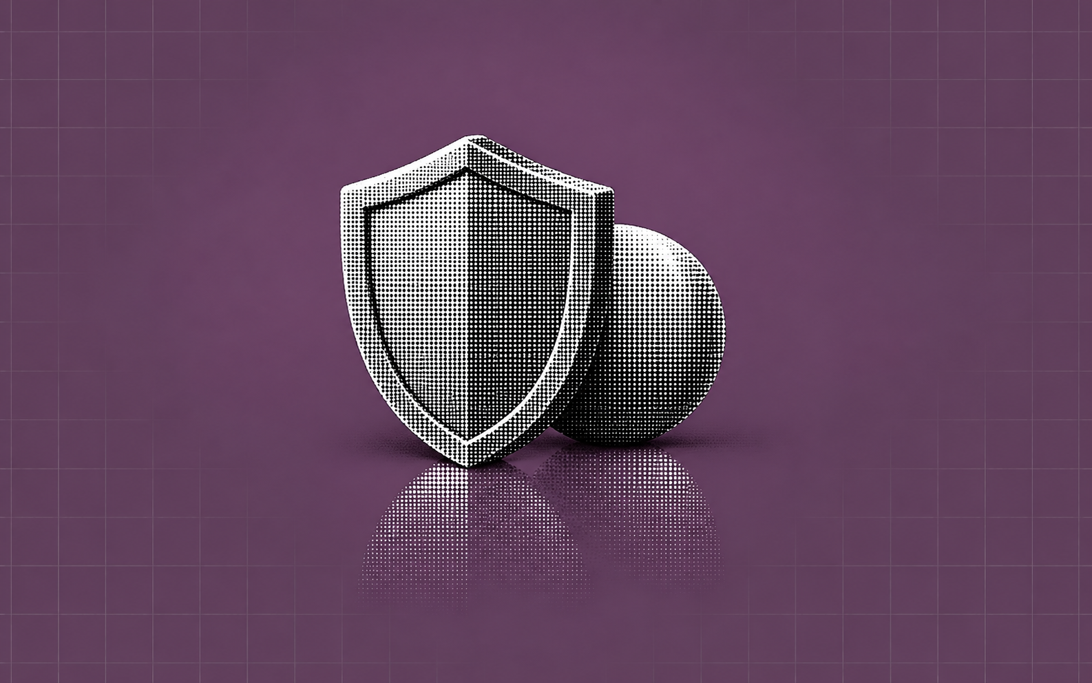 A silver halftone shield protecting a sphere on a plum grid background.