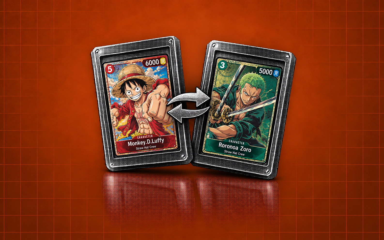 Two halftone One Piece card slabs with an exchange arrow on an orange grid background.