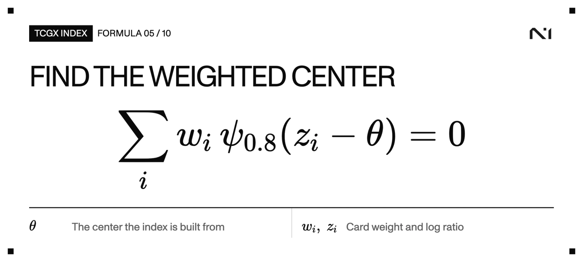 Solve for theta such that the sum over cards of weight times the clipped score of z sub i minus theta equals zero.