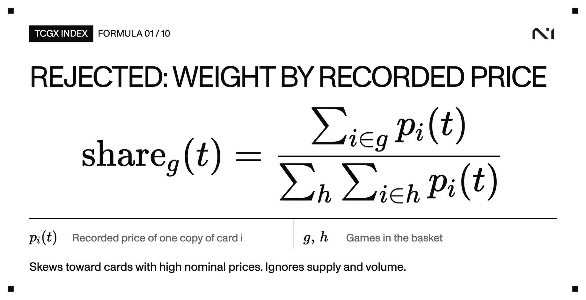 Rejected alternative: a game's recorded-price share is the sum of its card prices divided by the sum over all games.