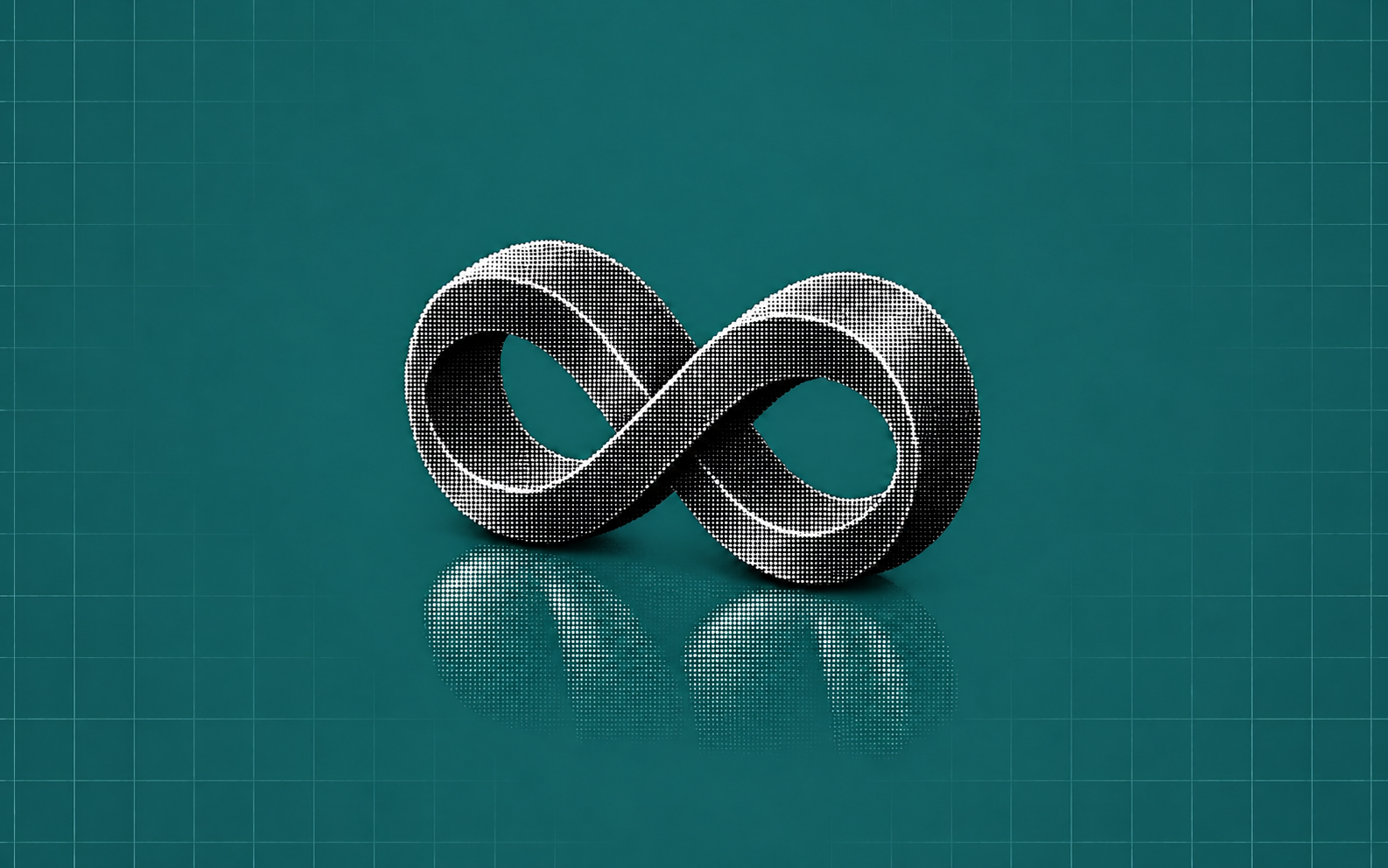 A dimensional infinity loop rendered in monochrome halftone dots, representing perpetual futures.