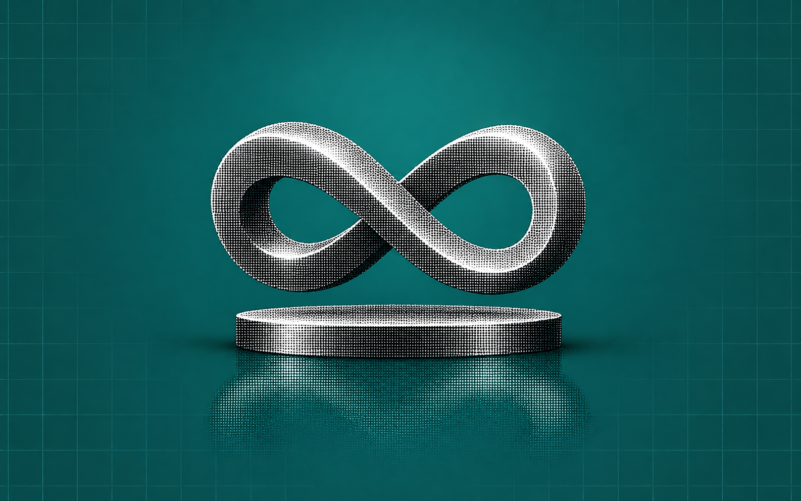 A continuous silver infinity loop on a teal grid background.