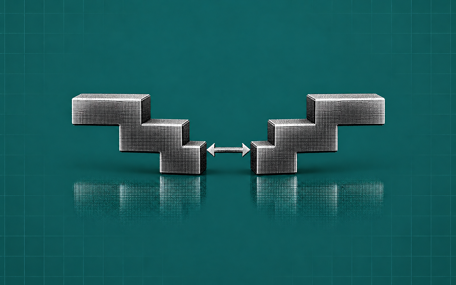 Facing halftone steps separated by a measured gap on a teal grid background.