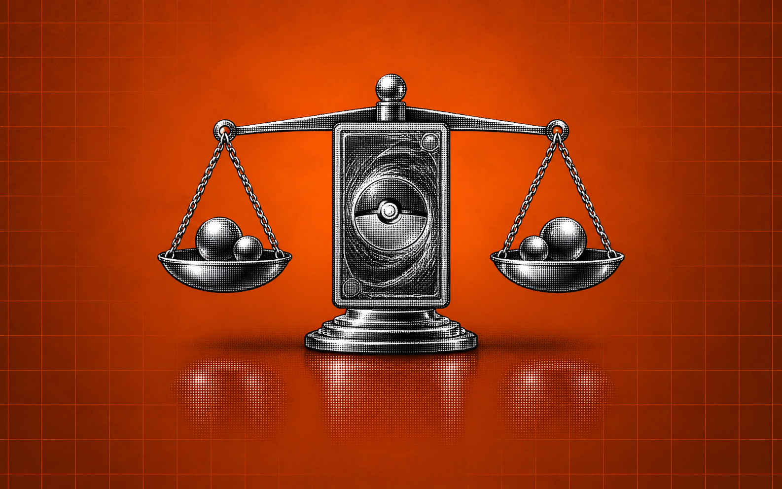 A balanced halftone scale with a card-shaped support on an orange grid background.