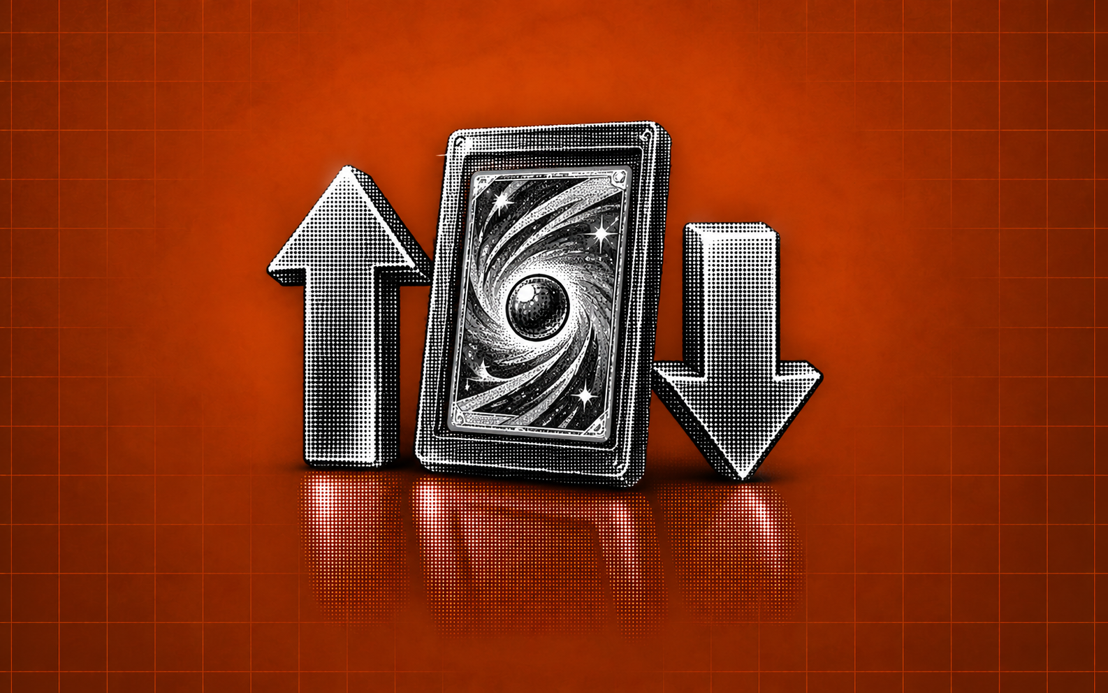 A card slab between rising and falling halftone arrows on an orange grid background.