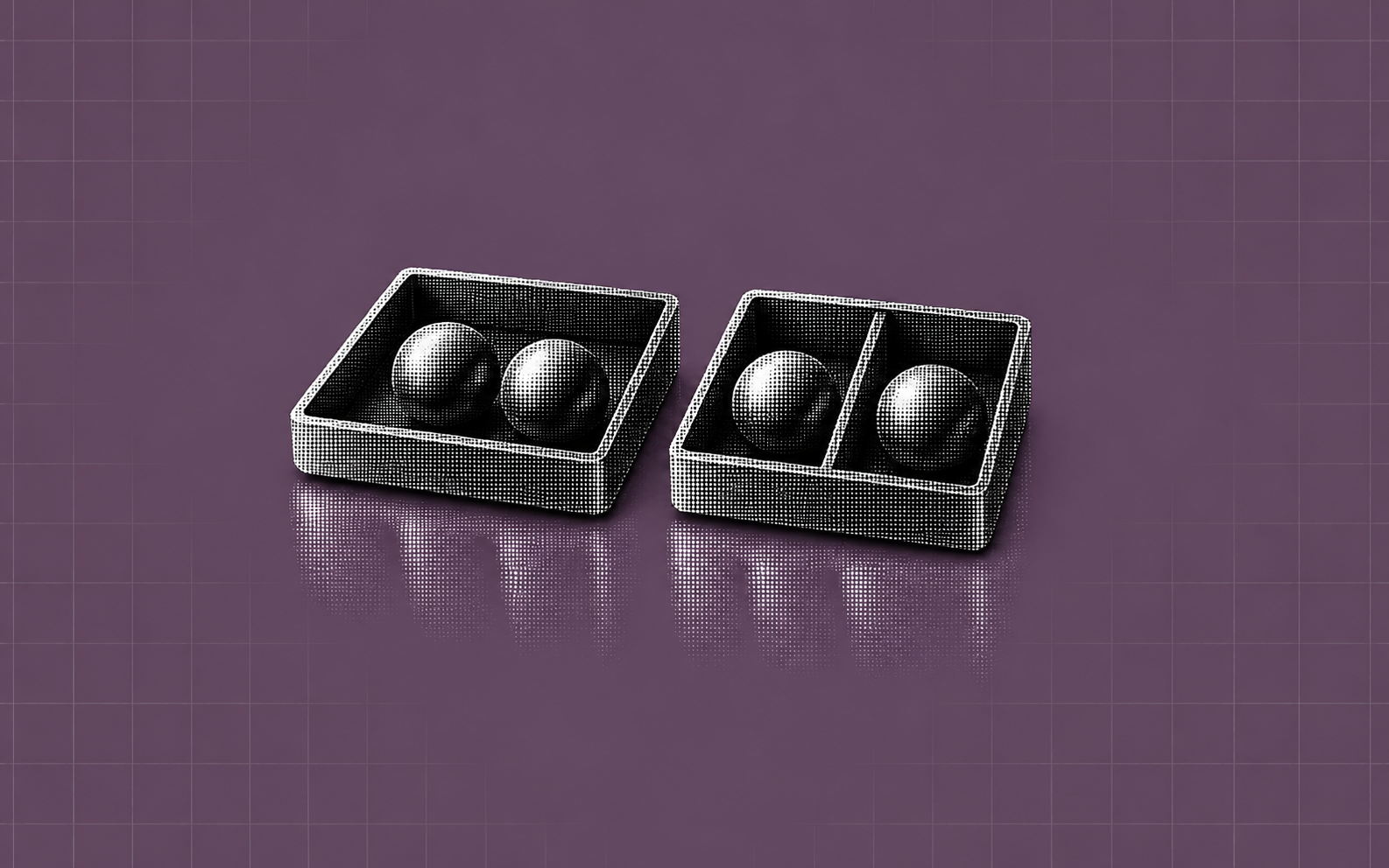 Two spheres share an open tray beside a divided tray, illustrating shared and isolated collateral.