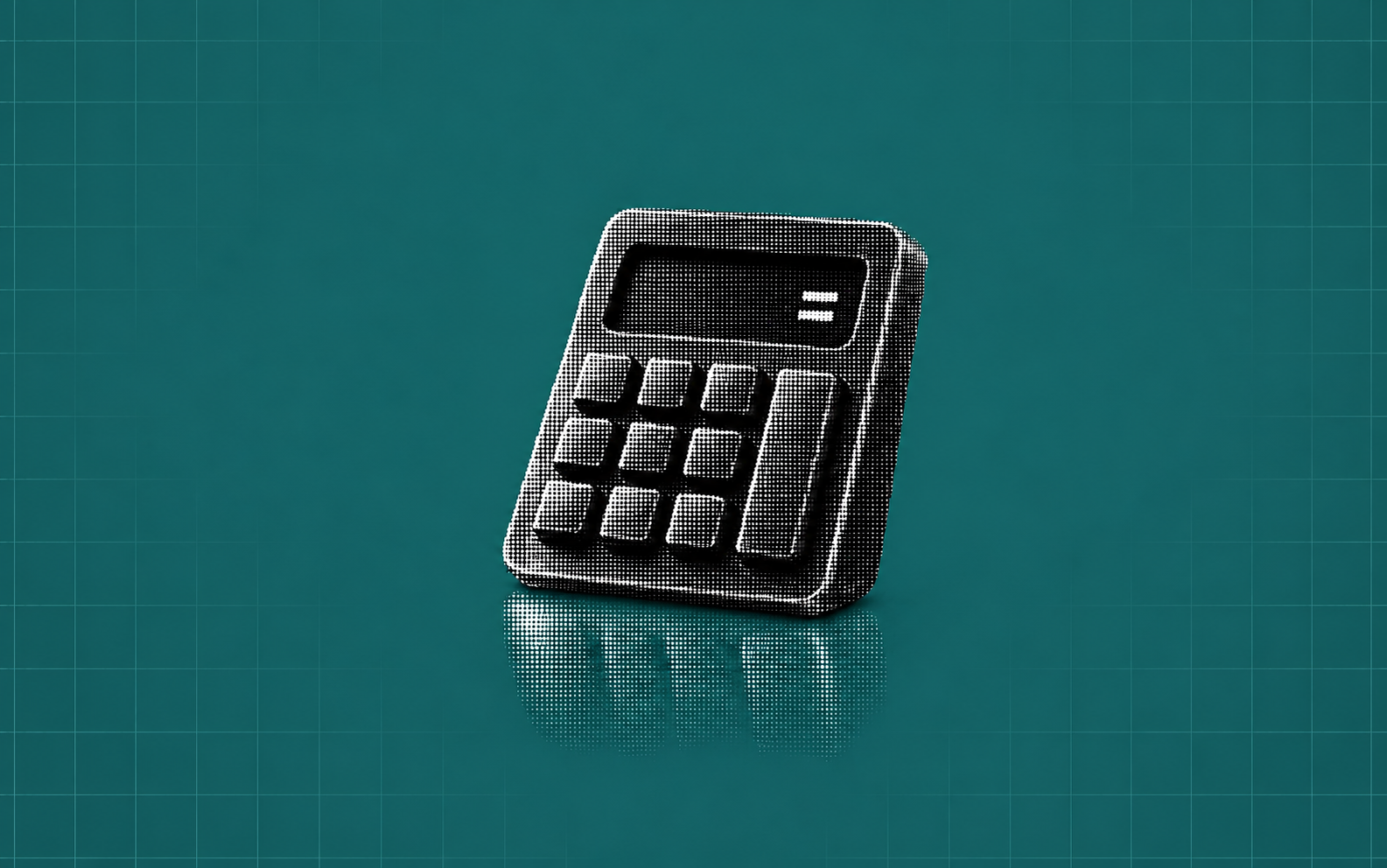 A dimensional halftone calculator on a teal grid background, representing the total cost of a trade.