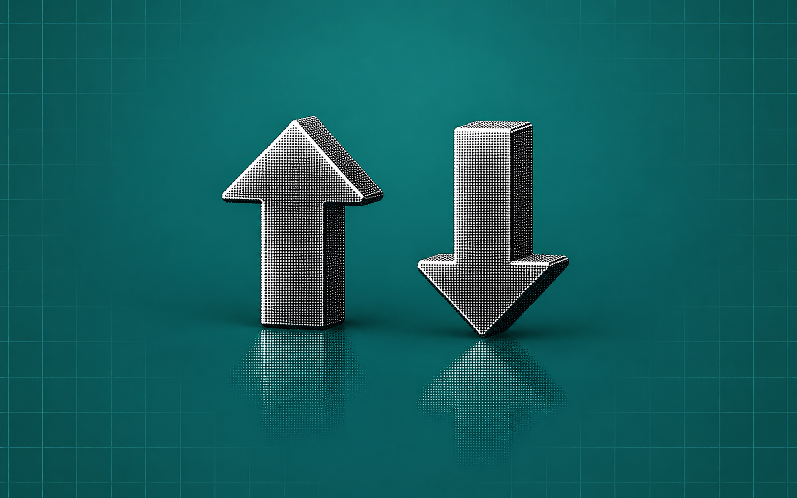 An upward and downward silver arrow on a teal grid background.
