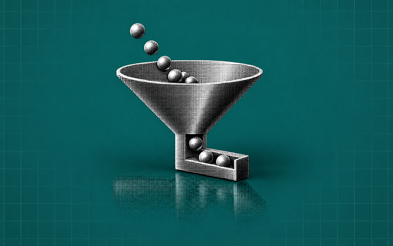 Silver halftone spheres flowing through a wide funnel on a teal grid background.