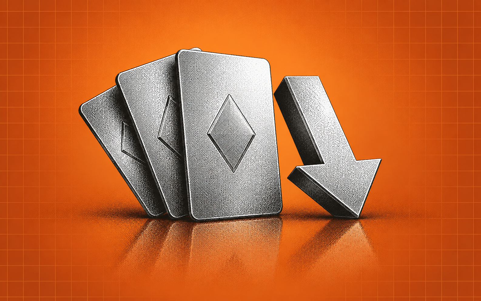 Three abstract silver cards beside a descending arrow on an orange grid background.