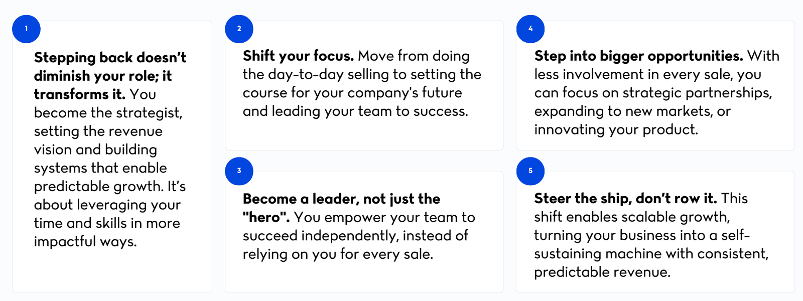 Stepping back doesn’t diminish your role; it transforms it. Shift your focus. Become a leader, not just the "hero". Step into bigger opportunities. Steer the ship, don’t row it.