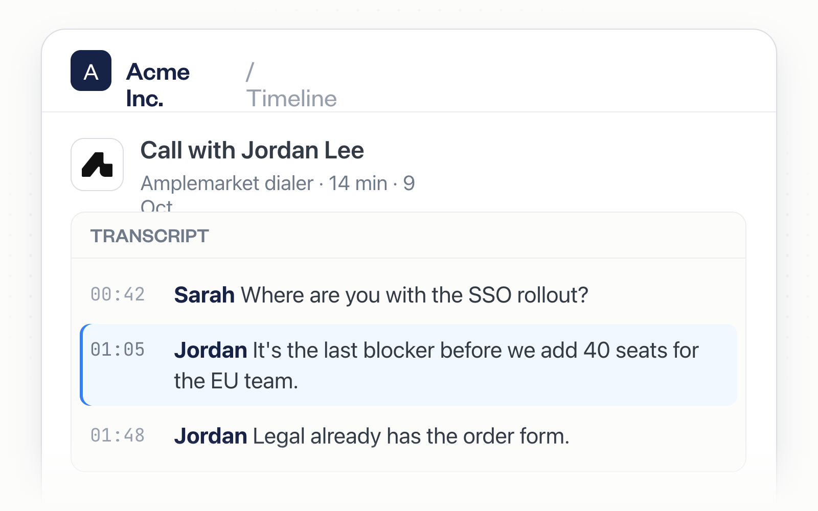 Amplemarket dialer call with its transcript on the account timeline