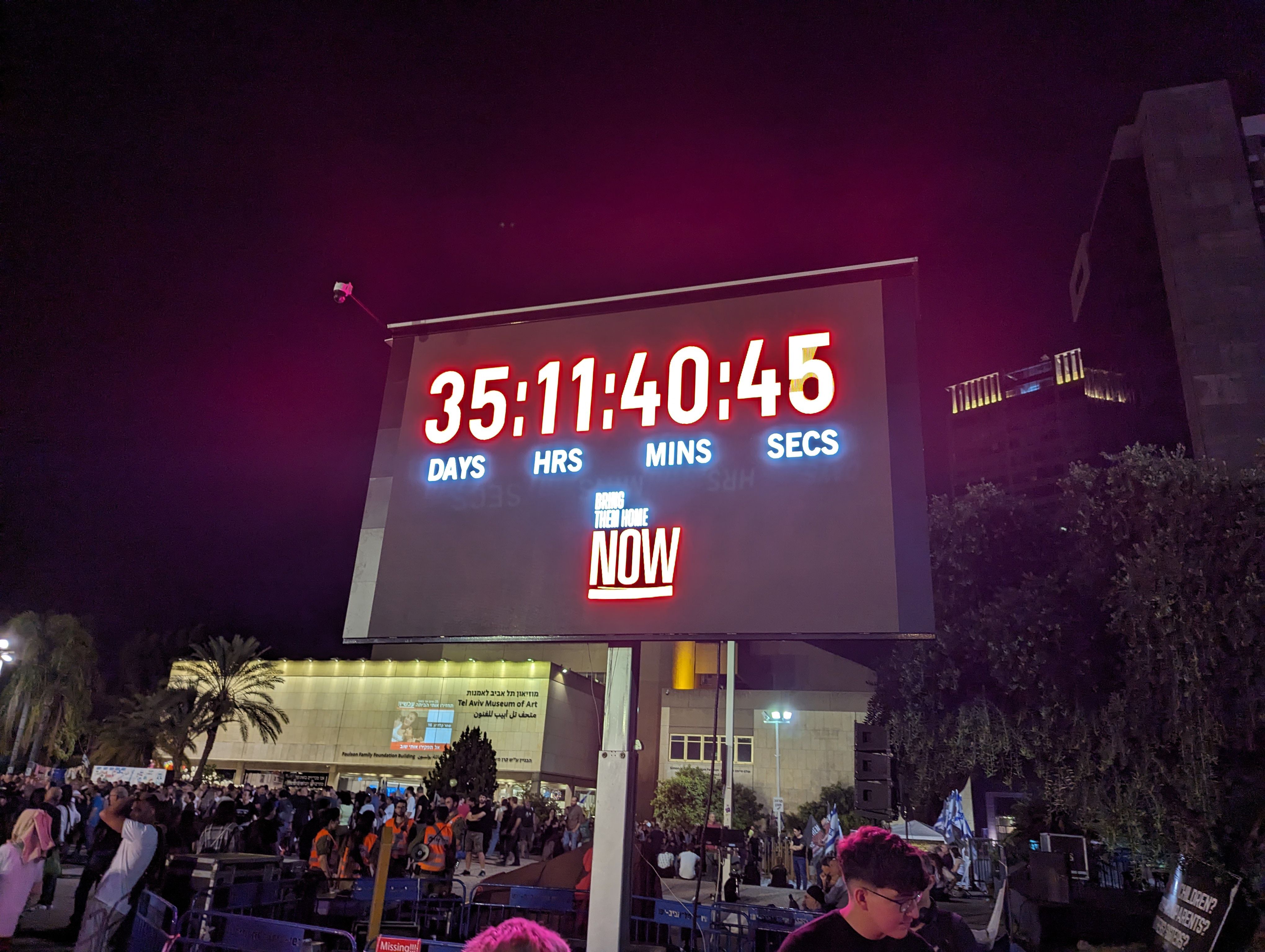 An installation in “Hostages Square” (official name “Tel Aviv Museum Plaza”), of a timer, counting forward the time since the beginning of the 7 October 2023 Hamas-led attack on Israel