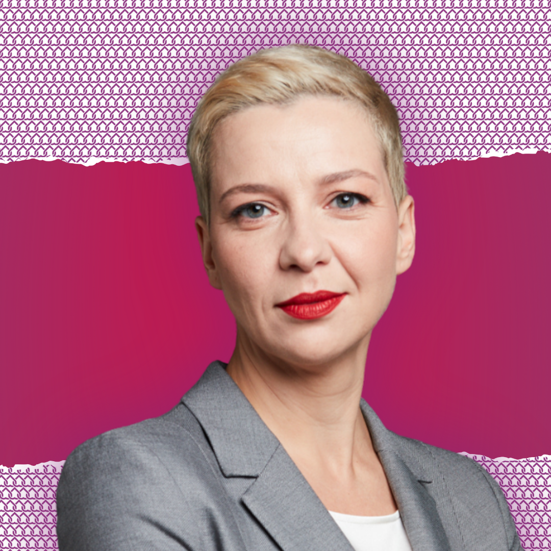 Maryia Kalesnikava standing against a pink background