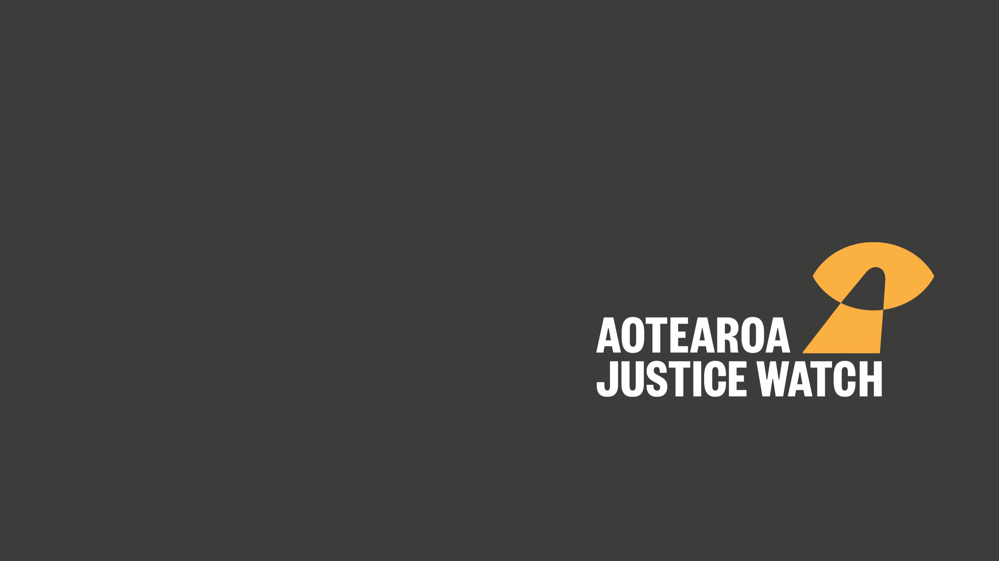 Aotearoa Justice Watch logo in white and orange on a grey background