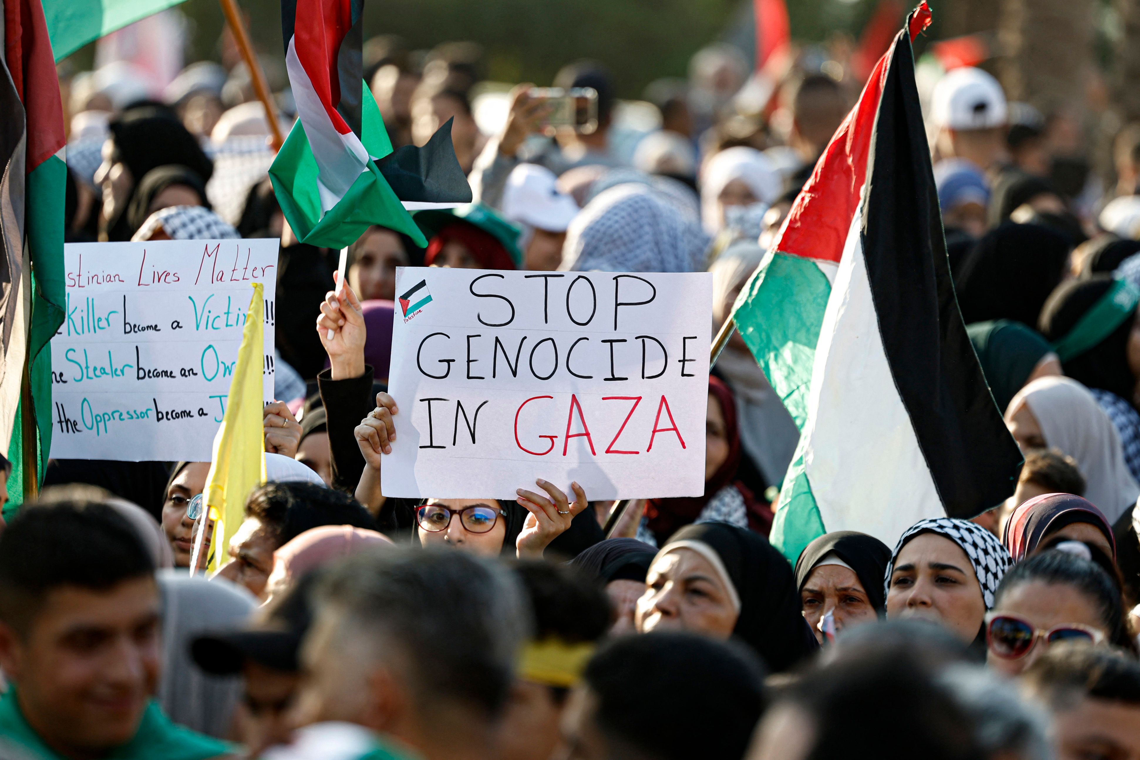 People raise Palestinian flags and placards during a march to show solidarity with the Palestinians of the West Bank and the Gaza Strip